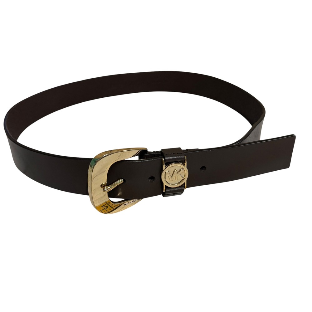 Michael Kors Belt Women Large Brown Genuine Leather Gold MK Logo Buckle Timeless